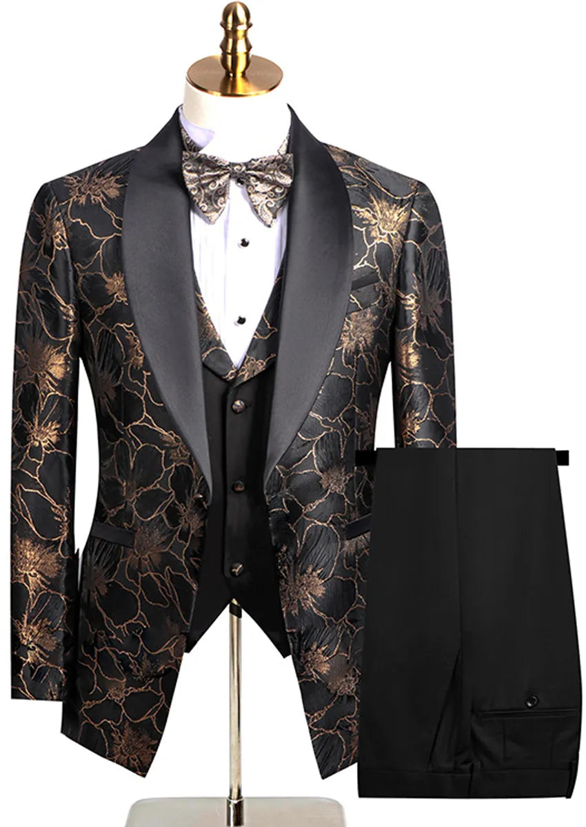 Men's 3-Piece Gold Jacquard Black Wedding Suit