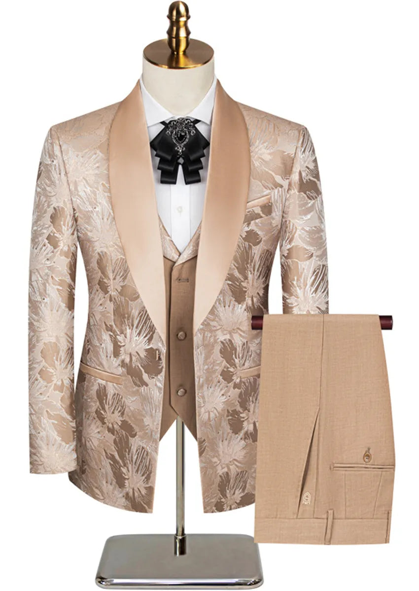 Men's 3-Piece Gold Jacquard Champagne Wedding Tuxedo