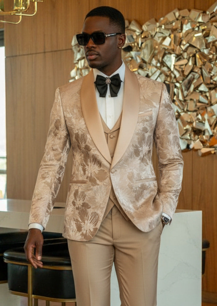 Men's 3-Piece Gold Jacquard Champagne Wedding Tuxedo