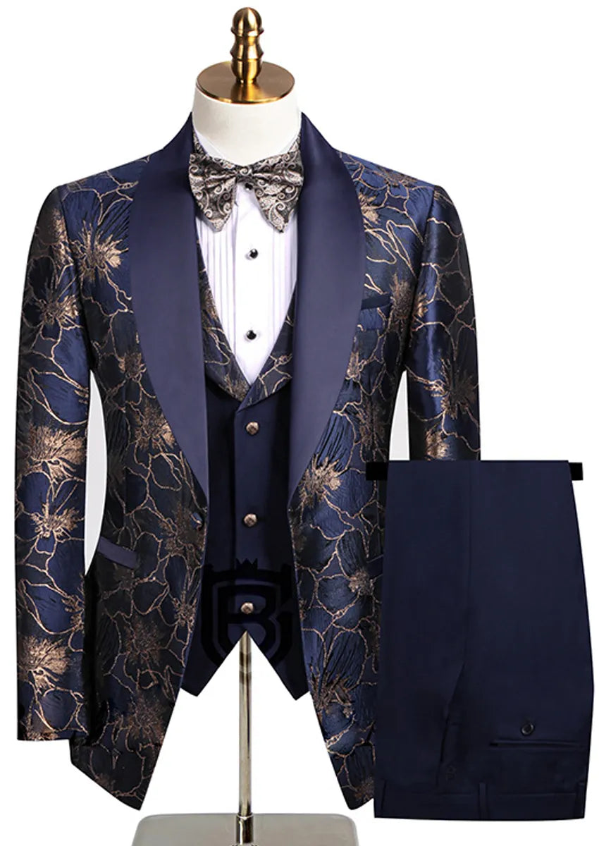 Men's 3-Piece Gold Jacquard Navy Blue Wedding Suit