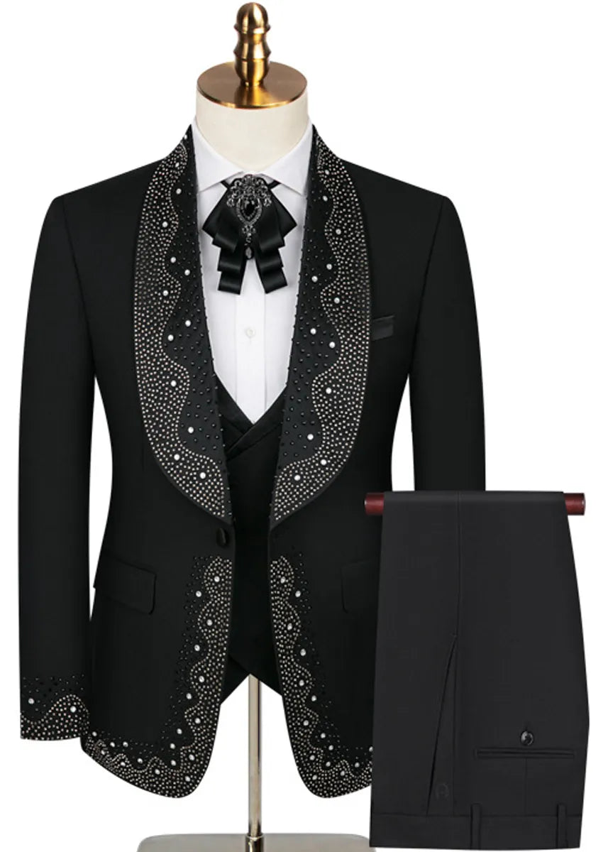 Men's Rhinestone Embellishments 3-Piece Wedding Black Tuxedo