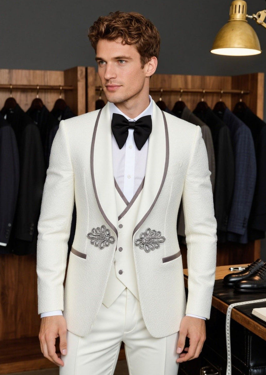 Men’s 3-Piece White Jacquard  Tuxedo with Shawl Lapel