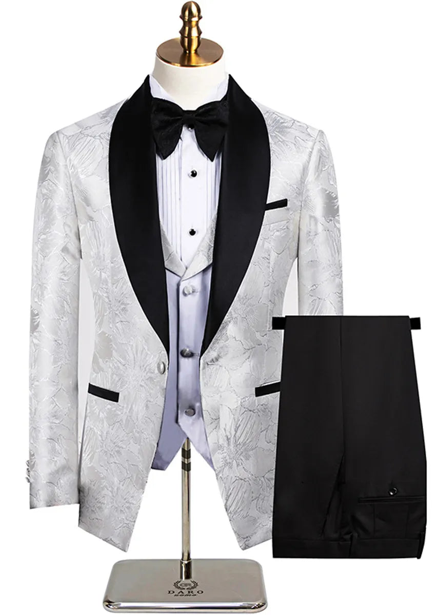 Men's 3-Piece Silver Jacquard White Wedding Tuxedo