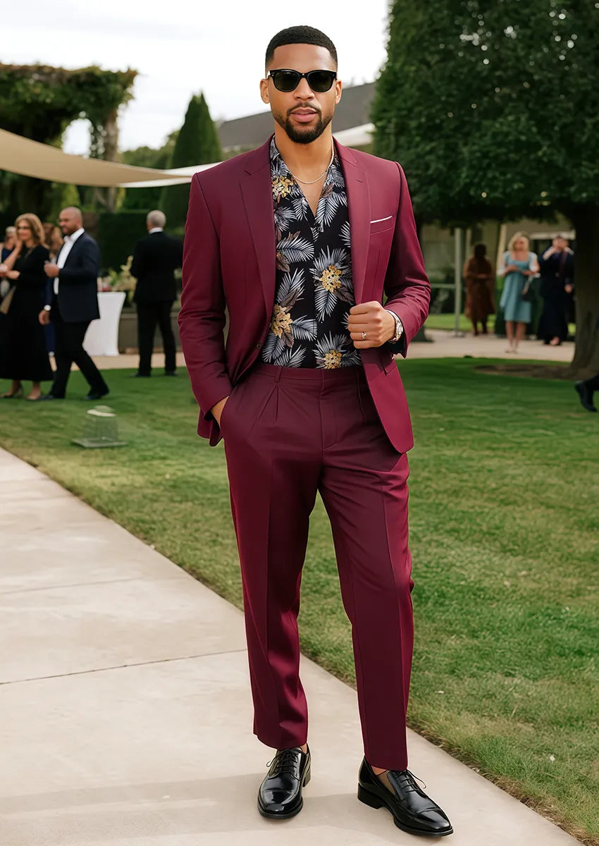 Men's 3-Piece Single-Breasted Burgundy Suit