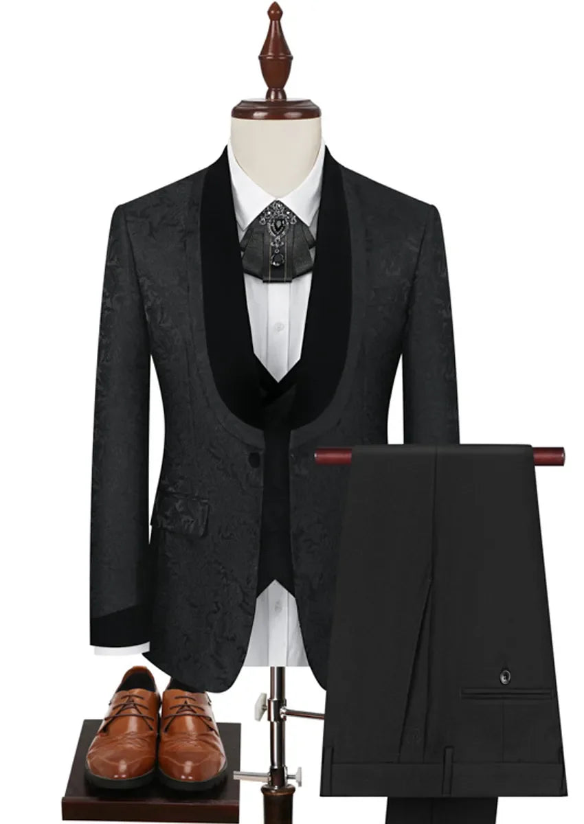 Men's 3-Piece Shawl Collar Leaf Jacquard Black Tuxedo