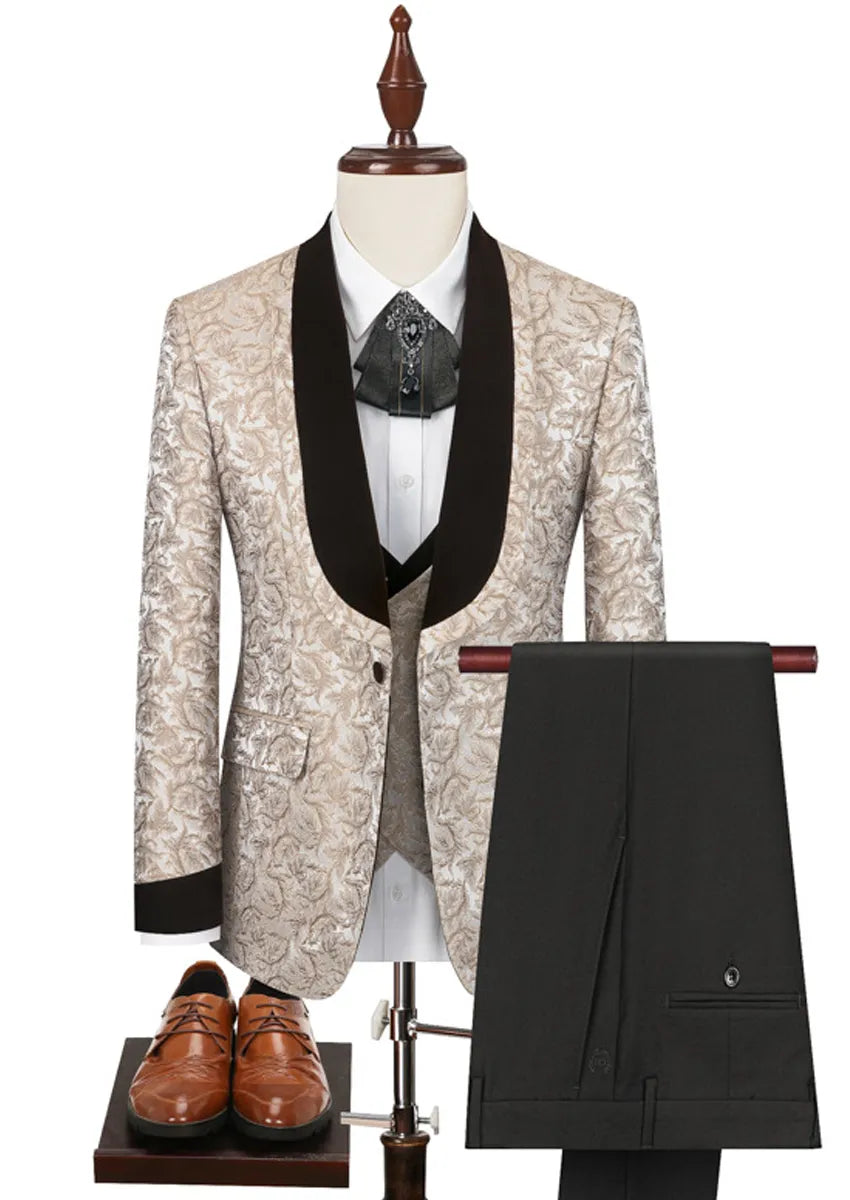 Men's 3-Piece Shawl Collar Leaf Jacquard Beige Tuxedo Set