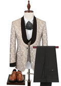 Men's 3-Piece Shawl Collar Leaf Jacquard Beige Tuxedo