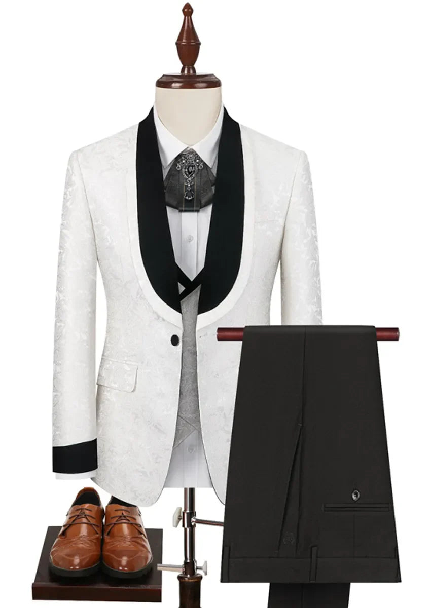 Men's 3-Piece Shawl Collar Leaf Jacquard White Tuxedo