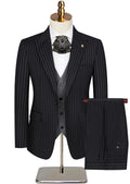 Men's 3-Piece Striped Black Suit with a Gray Vest