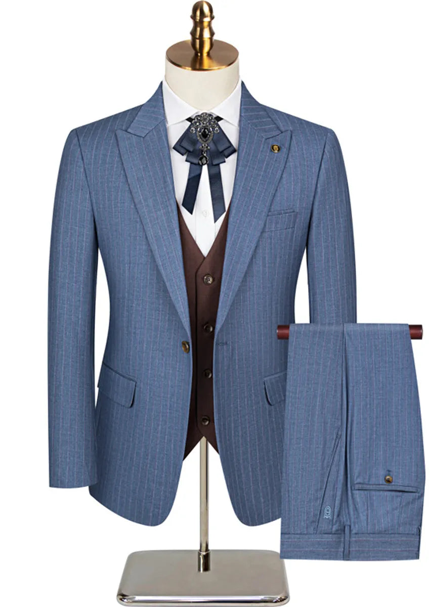 Men's 3-Piece Striped Light Navy Suit with a Coffee-colored Vest