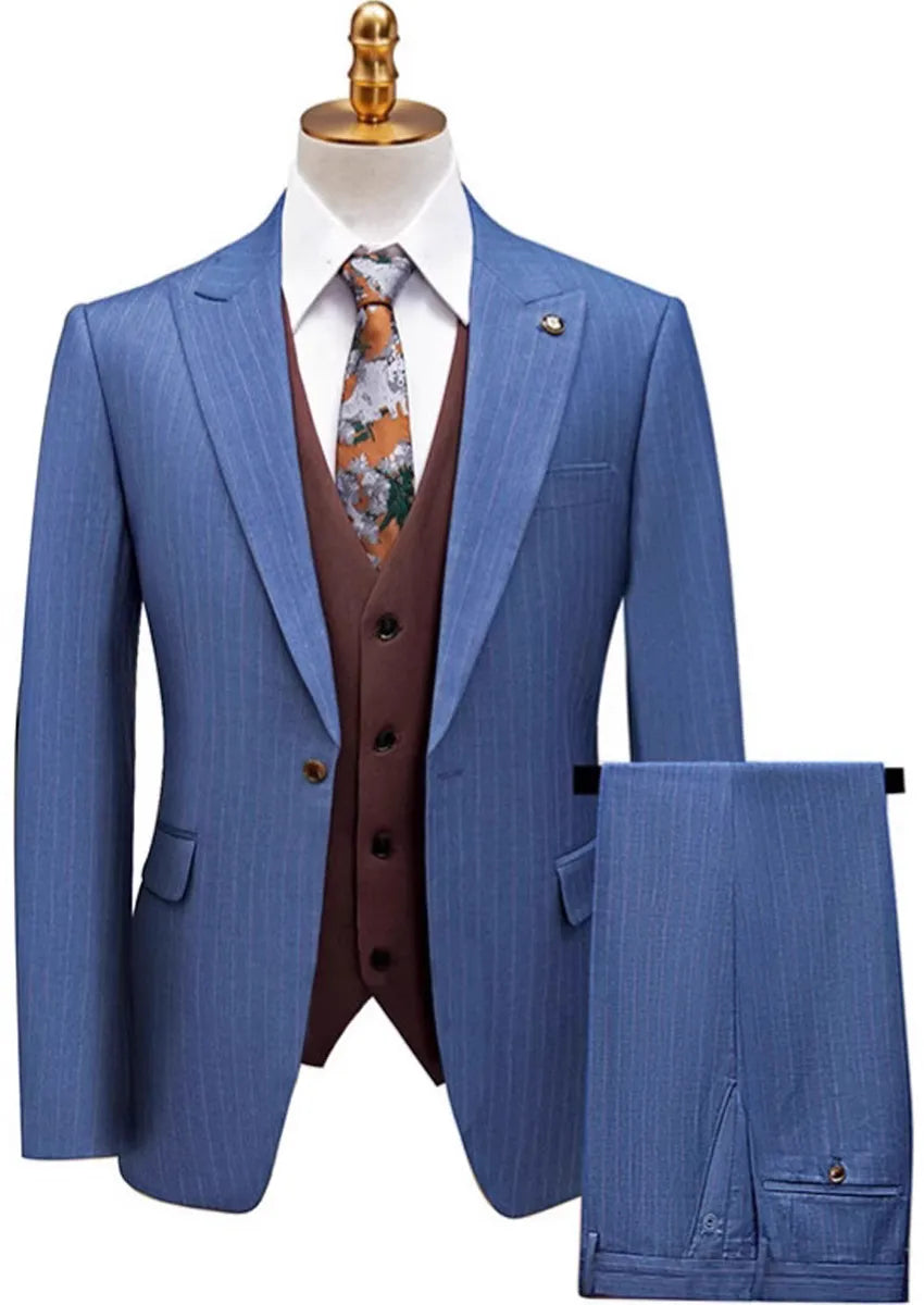 Men's 3-Piece Striped Light Navy Suit with a Coffee-colored Vest