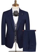Men's 3-Piece Striped Navy Suit with a Gray Vest