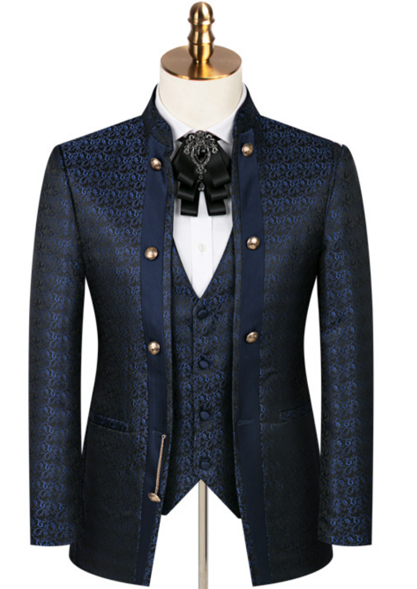 Men's 3-Piece Traditional Collar Navy Paisley Fitted Party Suit