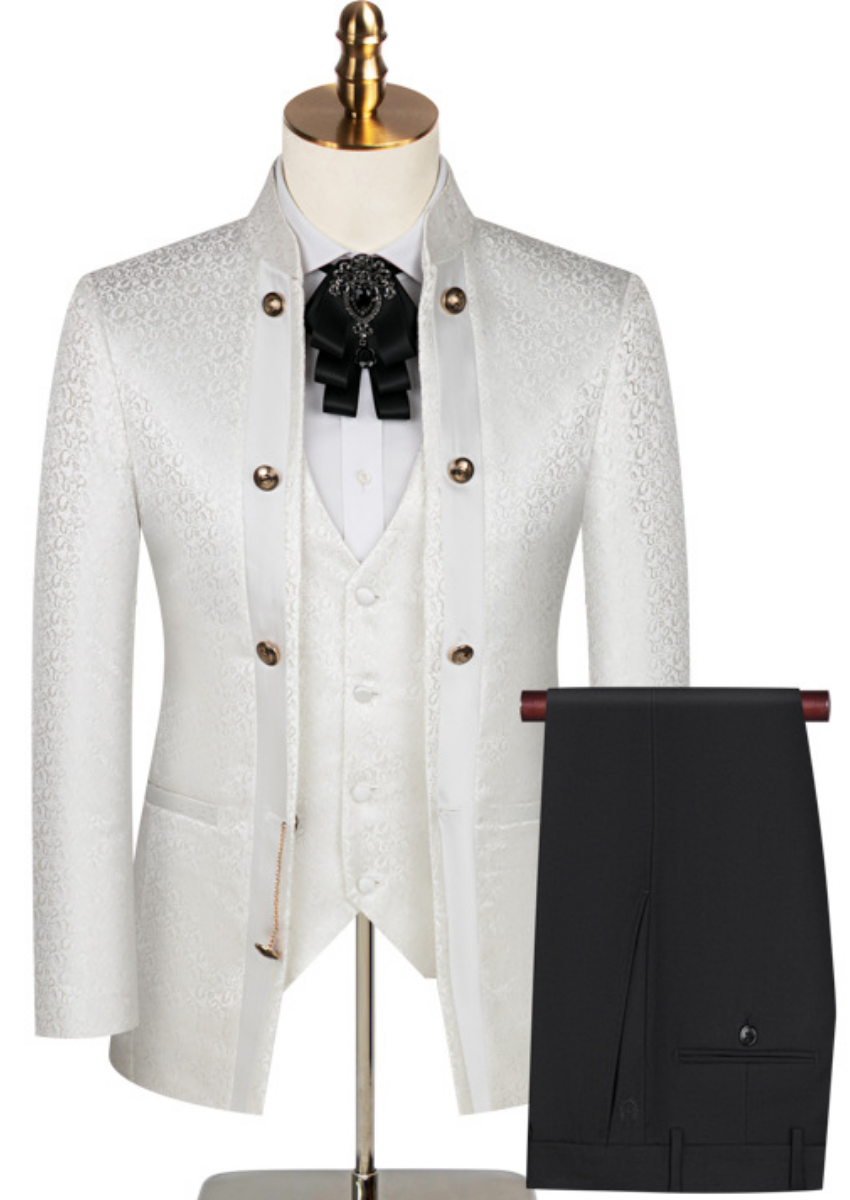 Men's 3-Piece Traditional Collar White Paisley Fitted Party Suit