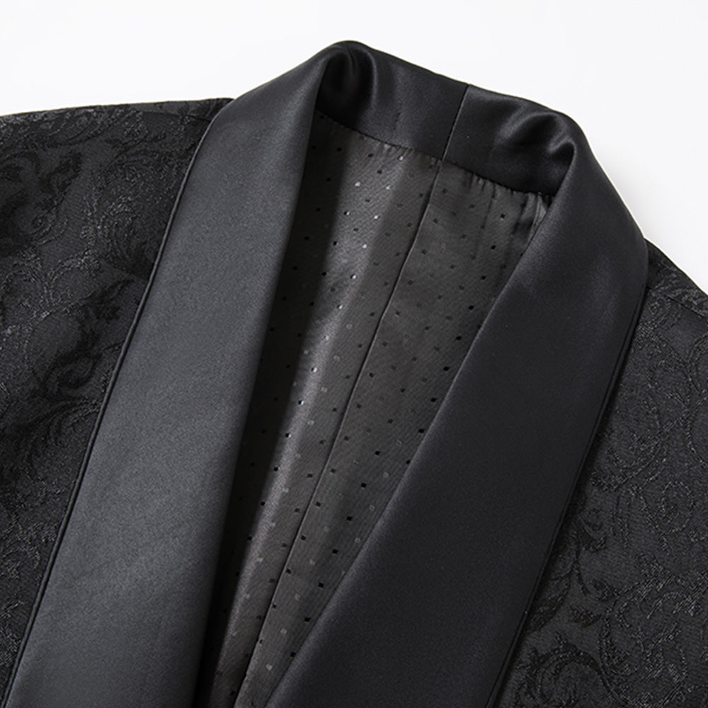 Men's 3-Piece Vintage Style Damask Jacquard Black Suit