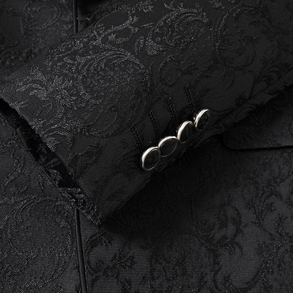 Men's 3-Piece Vintage Style Damask Jacquard Black Suit