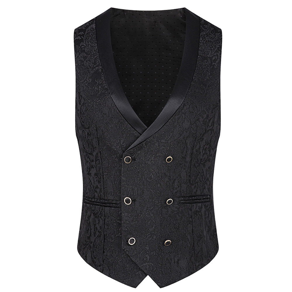 Men's 3-Piece Vintage Style Damask Jacquard Black Suit