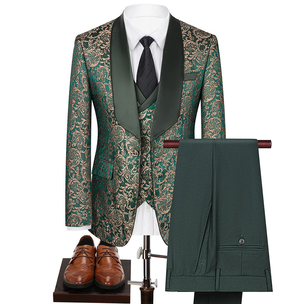 Men's 3-Piece Vintage Style Gold Damask Jacquard Green Tuxedo