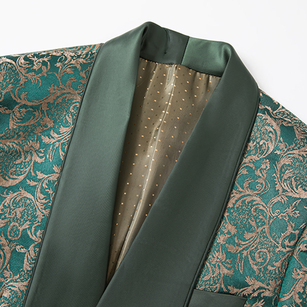 Men's 3-Piece Vintage Style Gold Damask Jacquard Green Tuxedo