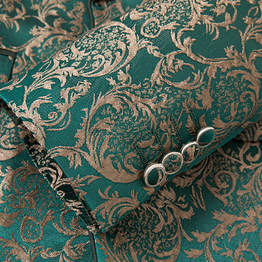 Men's 3-Piece Vintage Style Gold Damask Jacquard Green Tuxedo