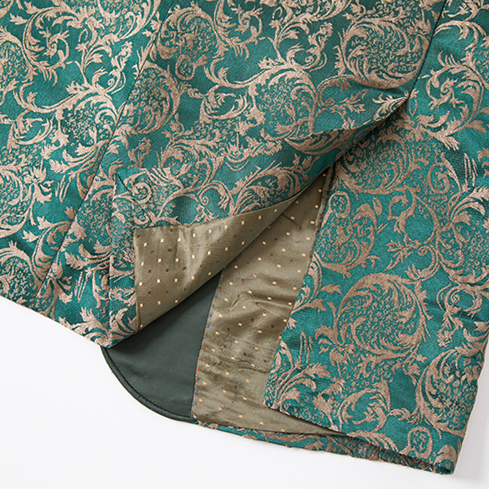 Men's 3-Piece Vintage Style Gold Damask Jacquard Green Tuxedo