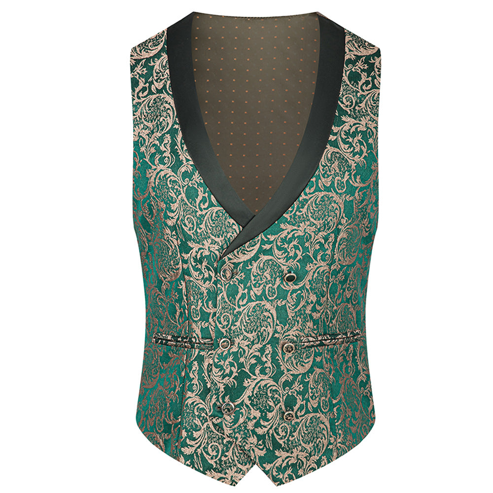 Men's 3-Piece Vintage Style Gold Damask Jacquard Green Tuxedo
