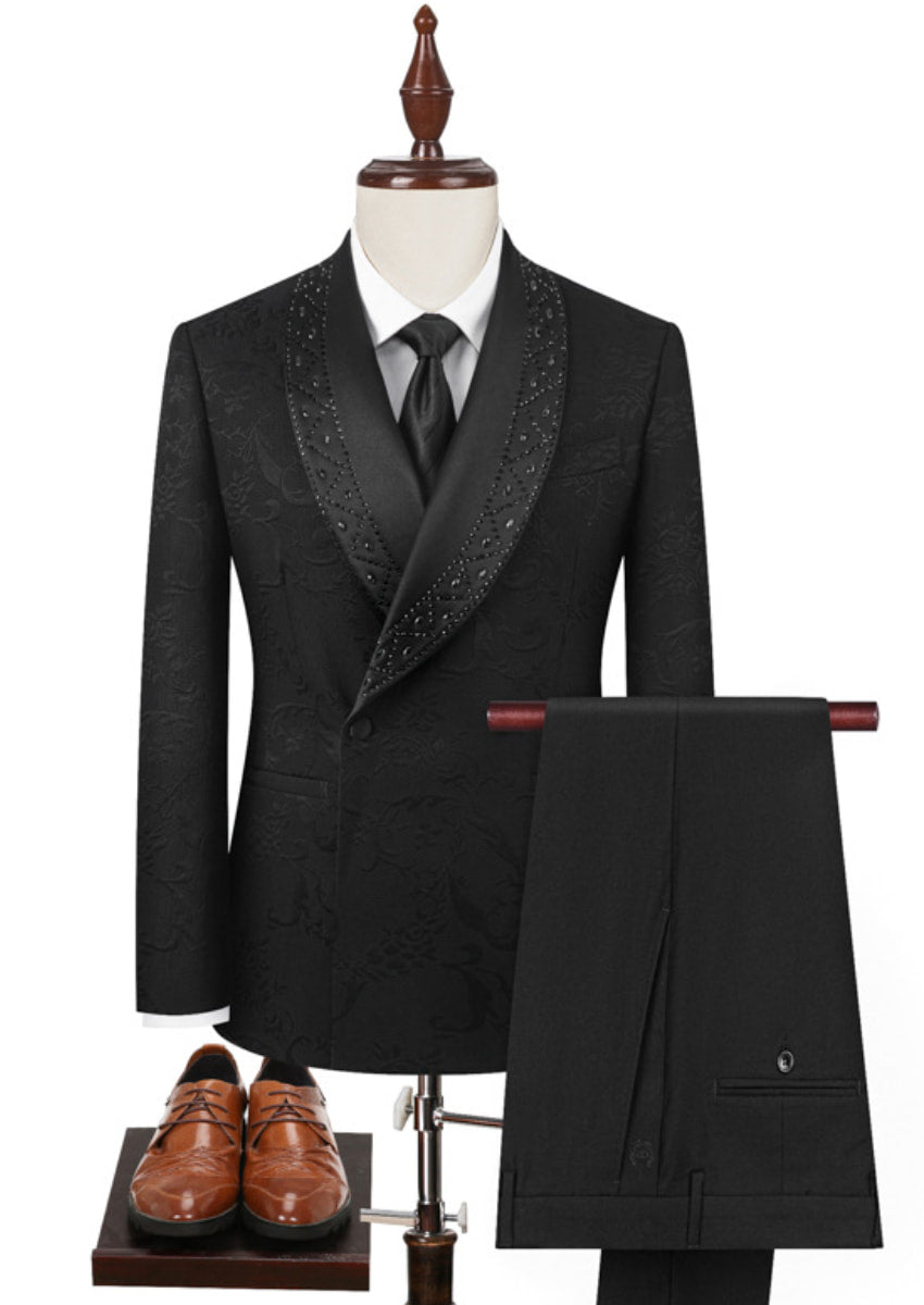 Men’s Black 2-Piece Floral Jacquard Tuxedo Set with Hotfix Crystal Shawl Collar