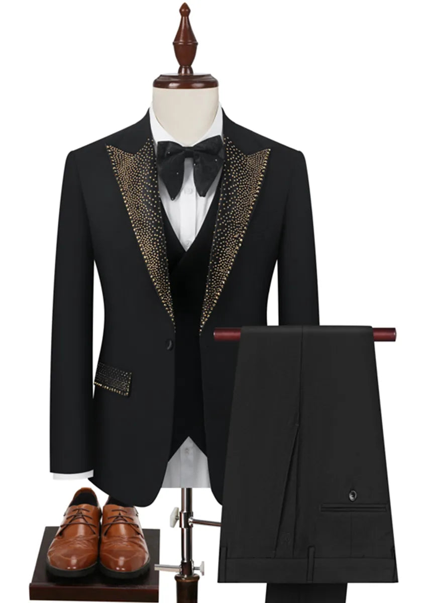Men’s Black 3-Piece Hotfix Crystal Peak Lapel Tuxedo Set