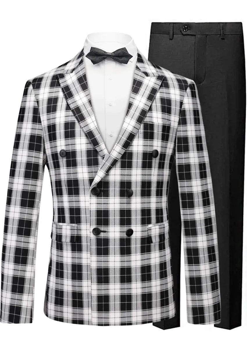 Men's Double-breasted Black And White Plaid Jacket
