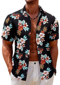 Men's Black Floral Print Short Sleeve Shirt with Turn-down Collar