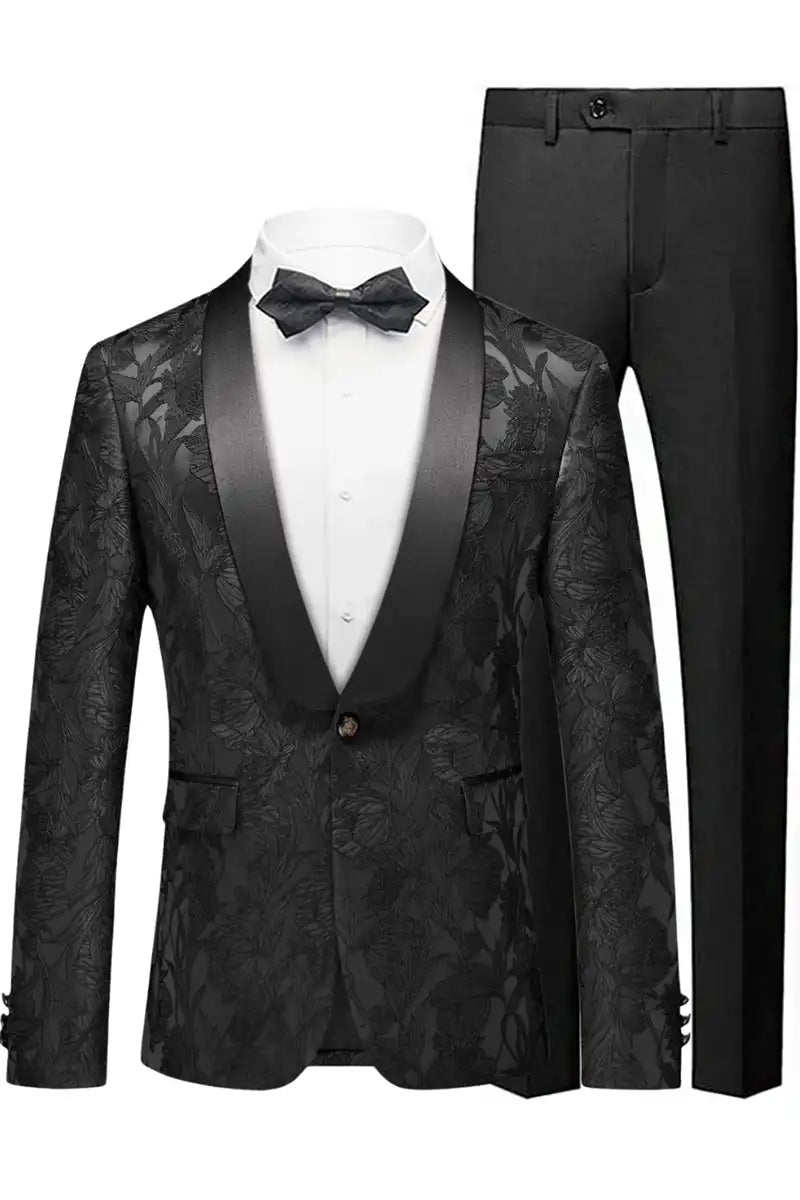 Men's 2-Piece Shawl Lapel Jacquard Black Tuxedo