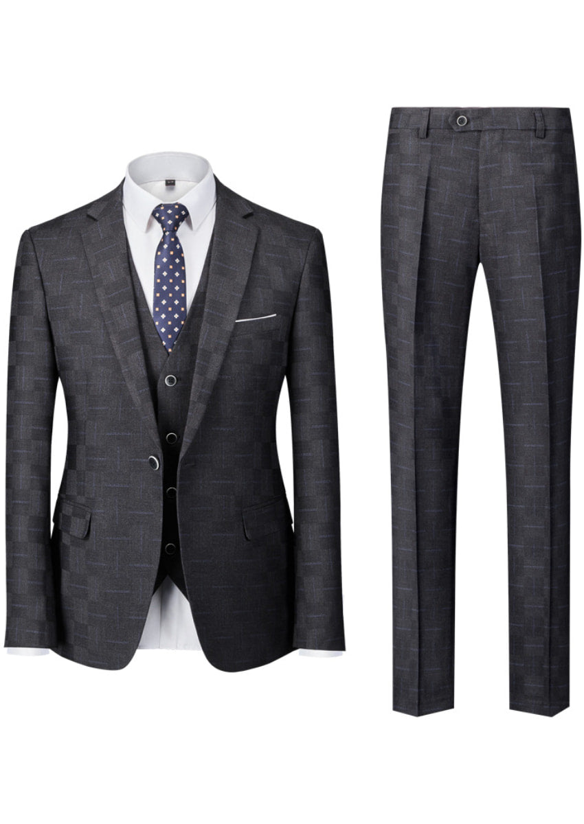 Men’s 3-Piece Slim Fit Classic Black Subtile Plaid Suit