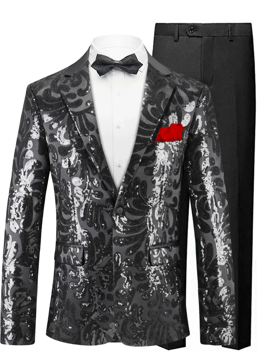 Men's Notch Lapel Embroidered Paisley Black Sequin Suit