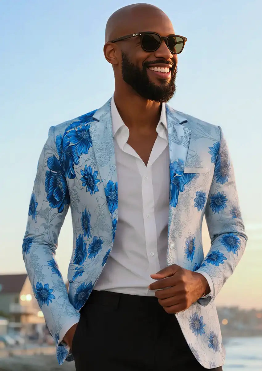 Men's Notched Lapel Blue Floral Jacquard Blazer with One Button