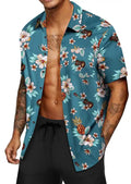 Men's Blue Floral Print Short Sleeve Shirt with Turn-down Collar