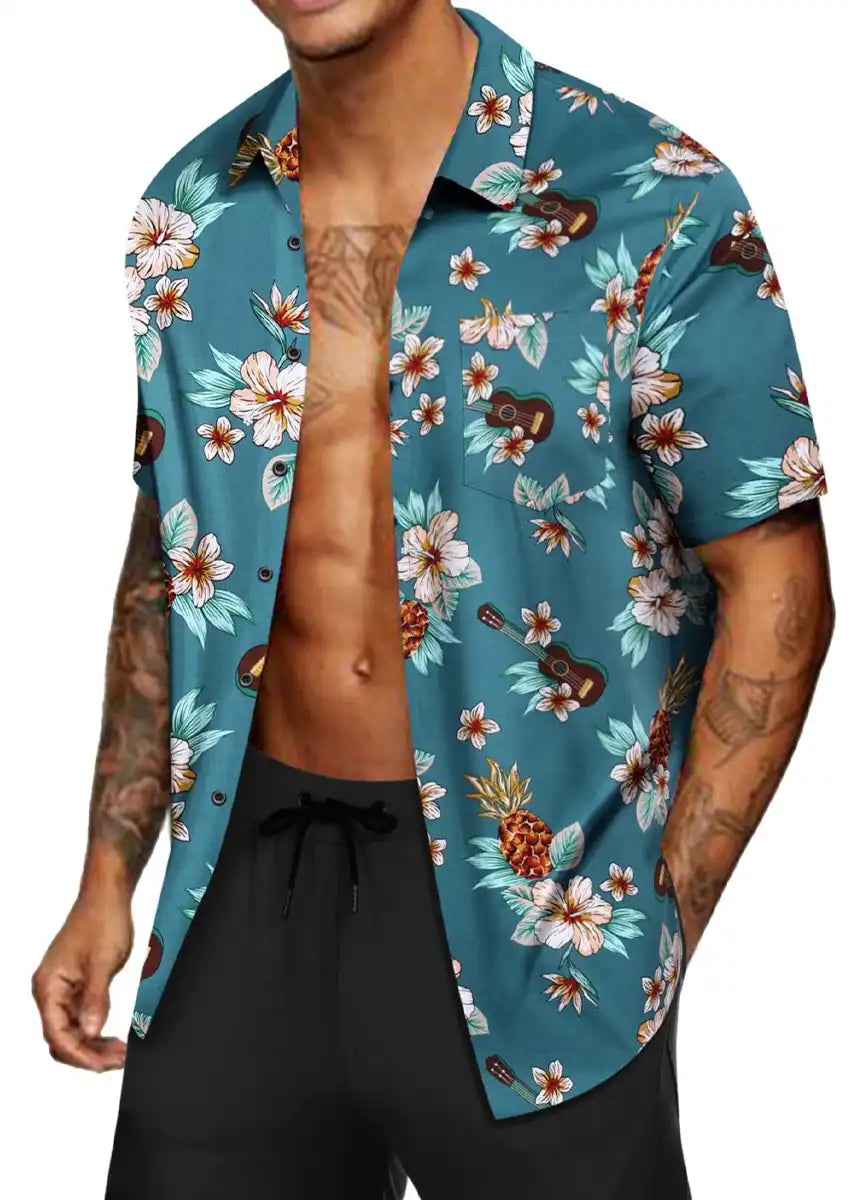 Men's Blue Floral Print Short Sleeve Shirt with Turn-down Collar