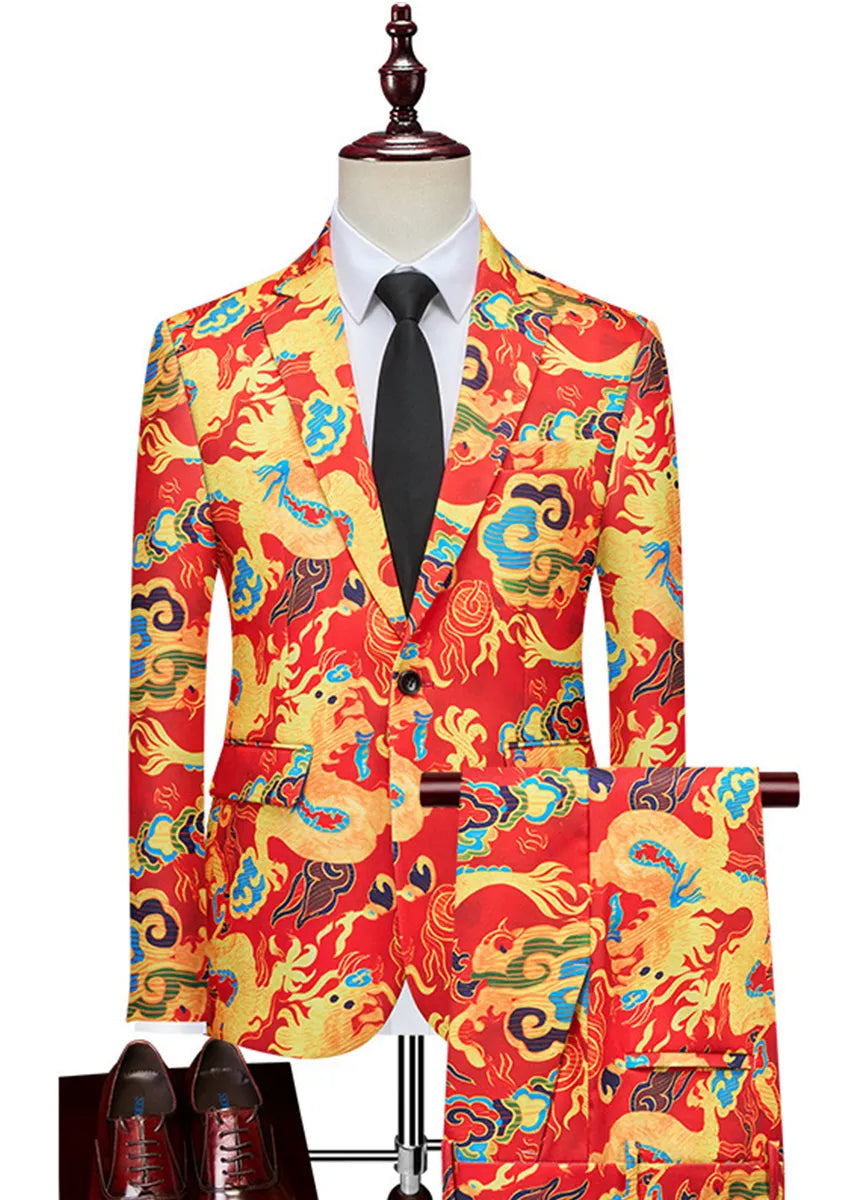 Men’s Chinese Spring Festival Dragon Print 2-Piece Suit Set