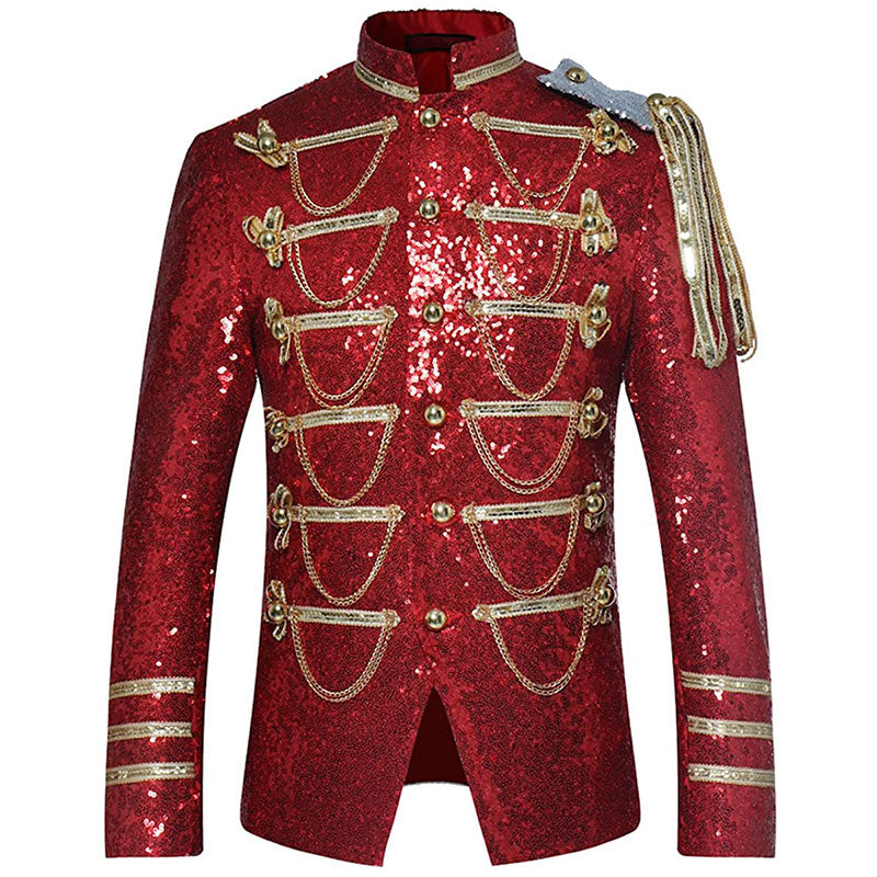Men's Classic Military Style Stage Full Red Sequin Jacket
