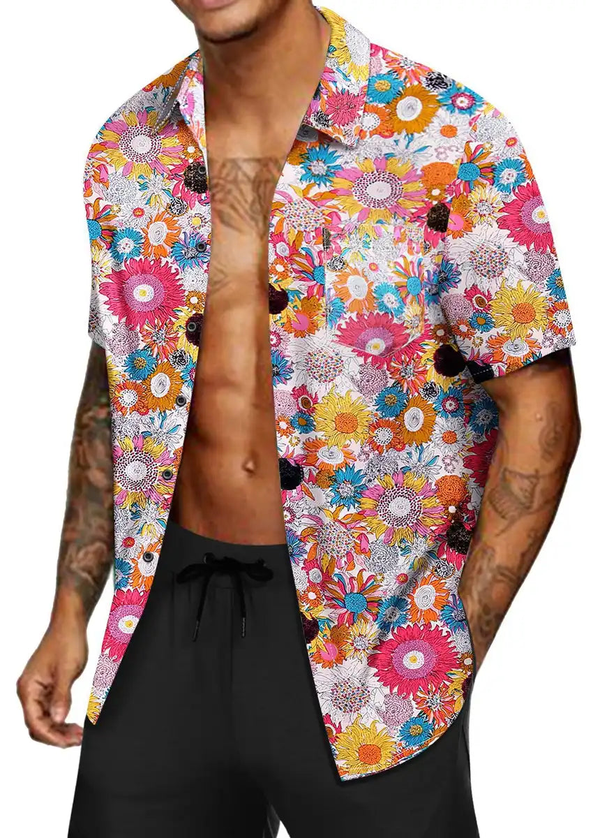 Men's Colorful Floral Print Short Sleeve Shirt with Turn-down Collar