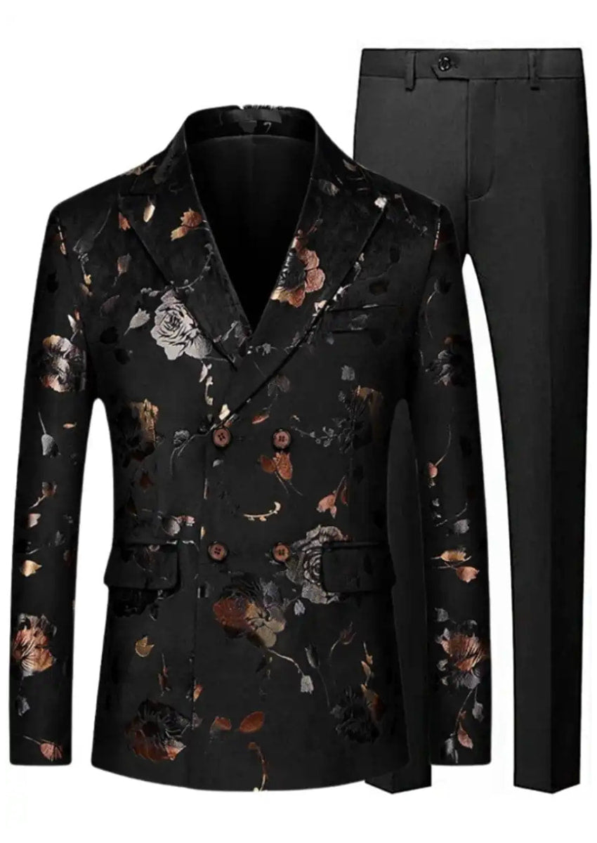 Men's Double-breasted  Gold and Silver Floral Black Blazer