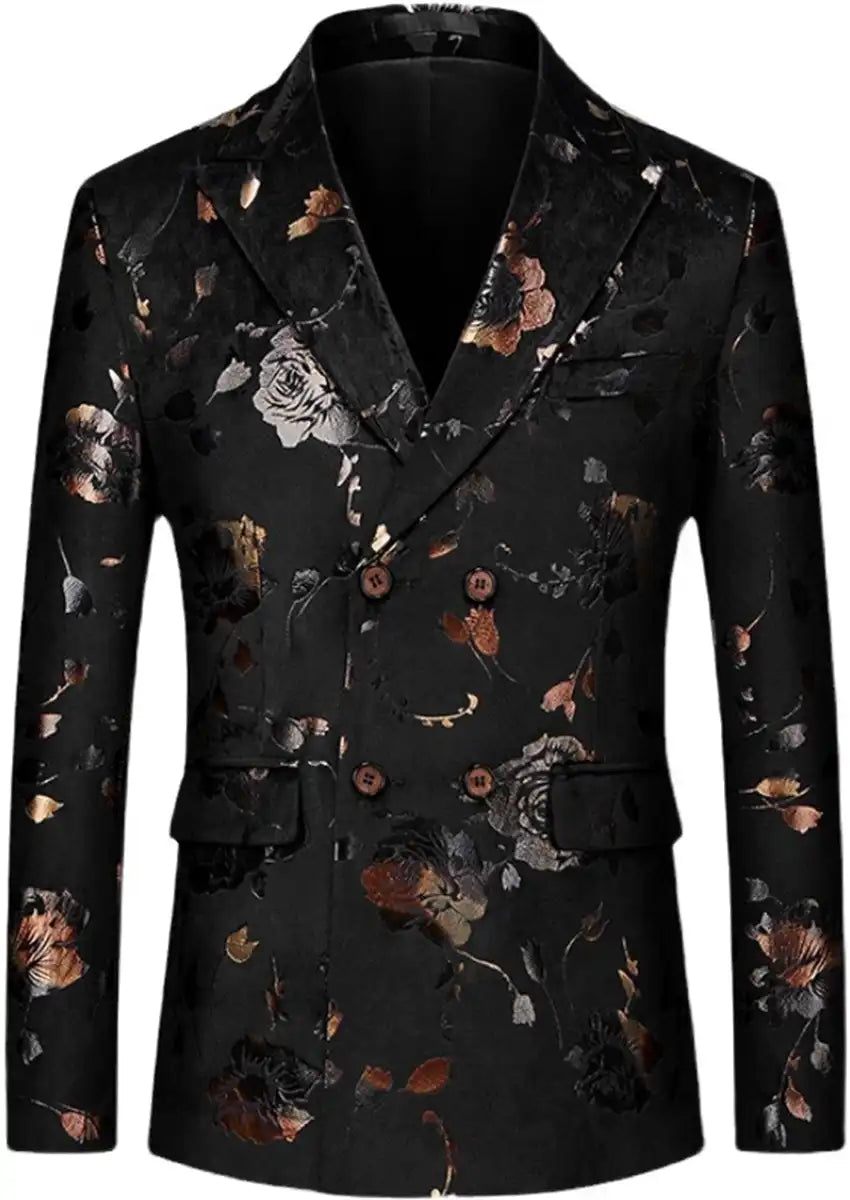 Men's Double-breasted  Gold and Silver Floral Black Blazer
