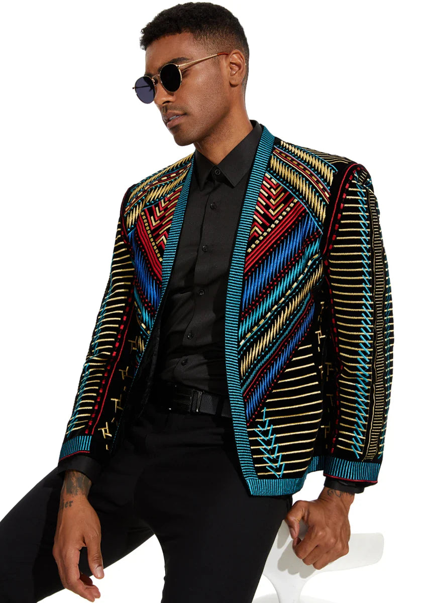 Men's Embroidered Geometric Pattern Blue and Gold Tuxedo