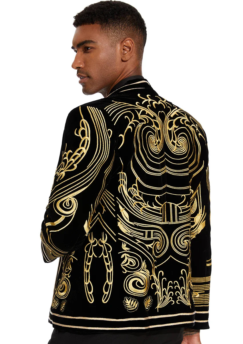 Men's Exquisite Luxury for Elegance Style Black and Gold Velvet Tuxedo