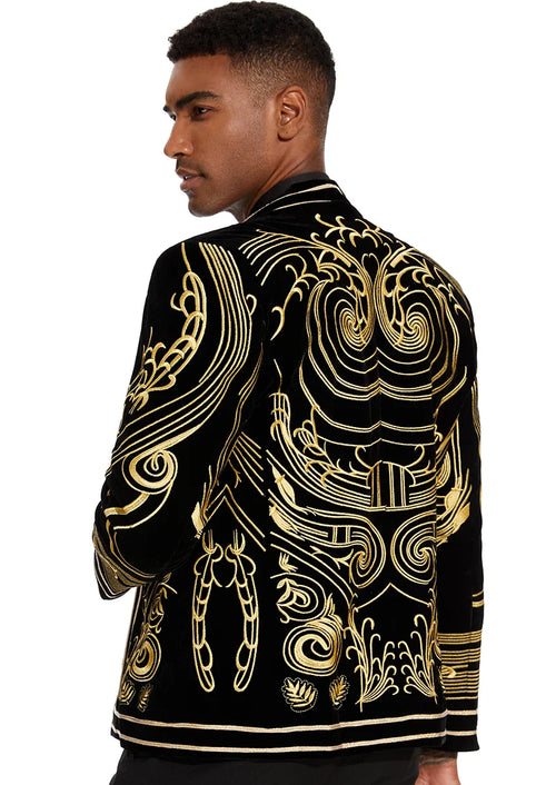 Men's Exquisite Luxury for Elegance Style Black and Gold Velvet Tuxedo