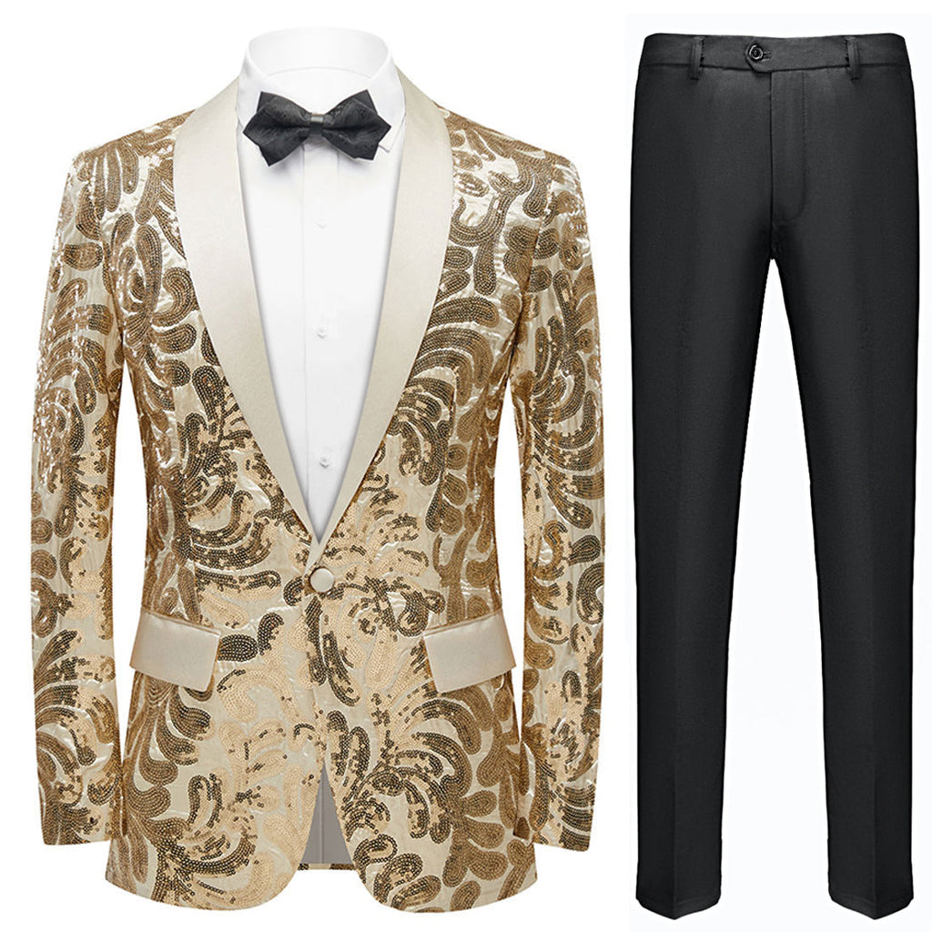 Men's Exquisite Shawl Lapel Floral Champagne Sequin Jacket