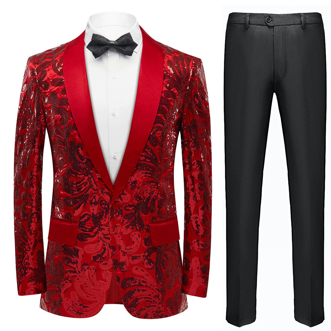 Men's Exquisite Shawl Lapel Floral Sequin Red Tuxedo