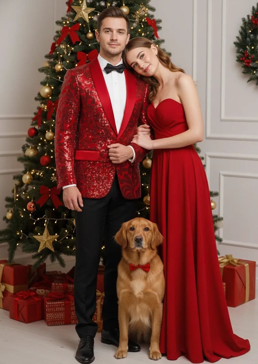 Men's Exquisite Shawl Lapel Floral Sequin Red Tuxedo