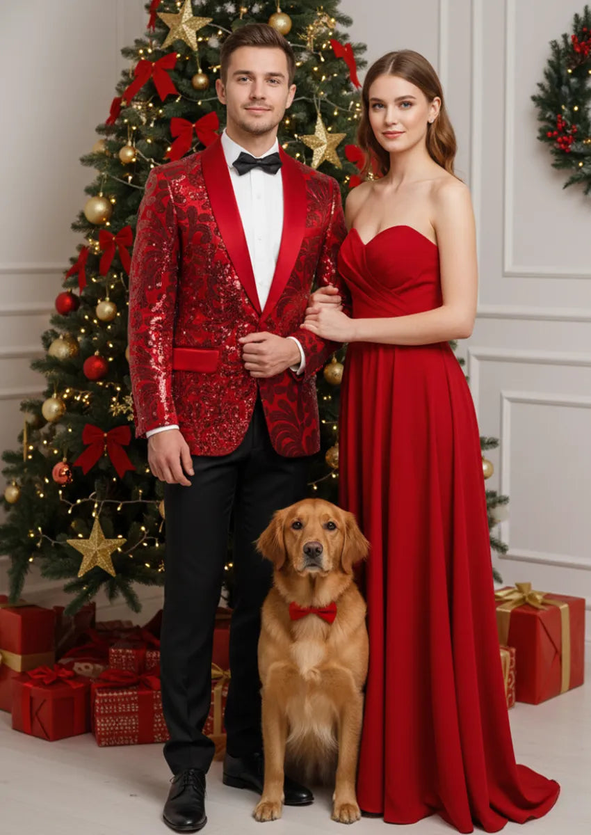 Men's Exquisite Shawl Lapel Floral Sequin Red Tuxedo