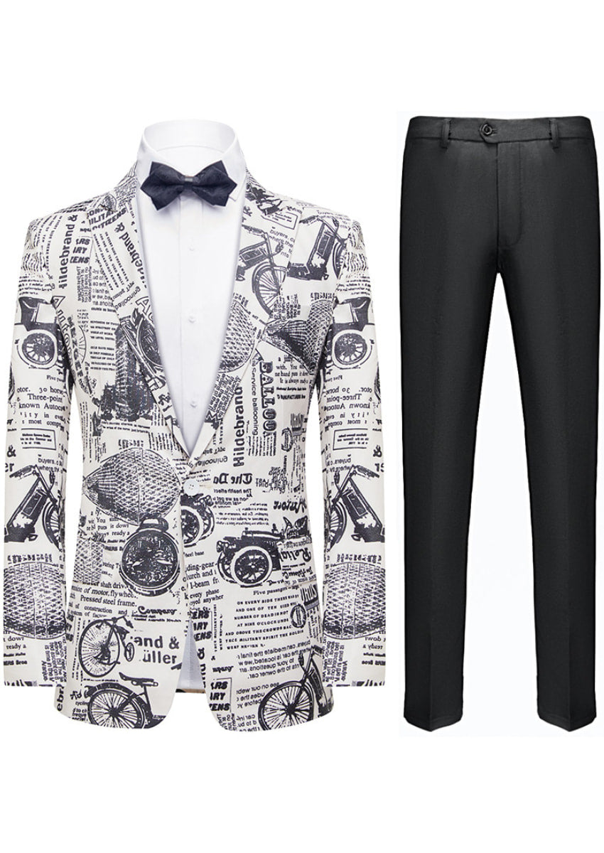Men's Fashion Newspaper Print Black and White Blazer