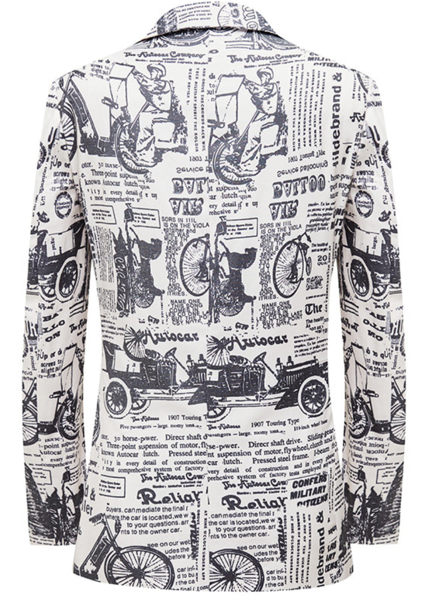 Men's Fashion Newspaper Print Black and White Blazer